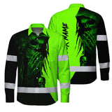 Hi Vis Hawaiian Long Sleeve Shirt Reflective Green And Black Skull Custom Name Safety Workwear For Skull Lover