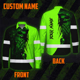 Hi Vis Hawaiian Long Sleeve Shirt Reflective Green And Black Skull Custom Name Safety Workwear For Skull Lover