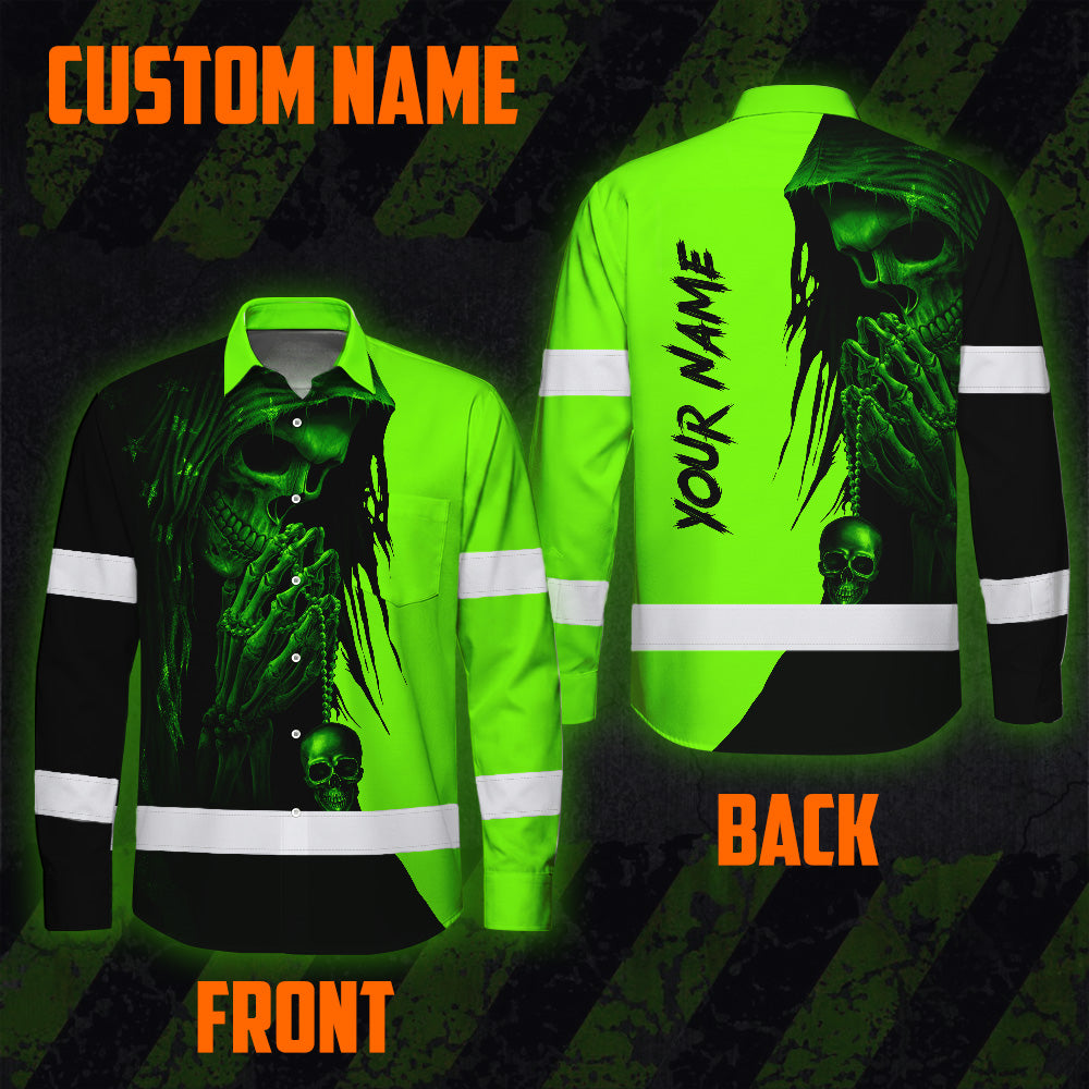 Hi Vis Hawaiian Long Sleeve Shirt Reflective Green And Black Skull Custom Name Safety Workwear For Skull Lover