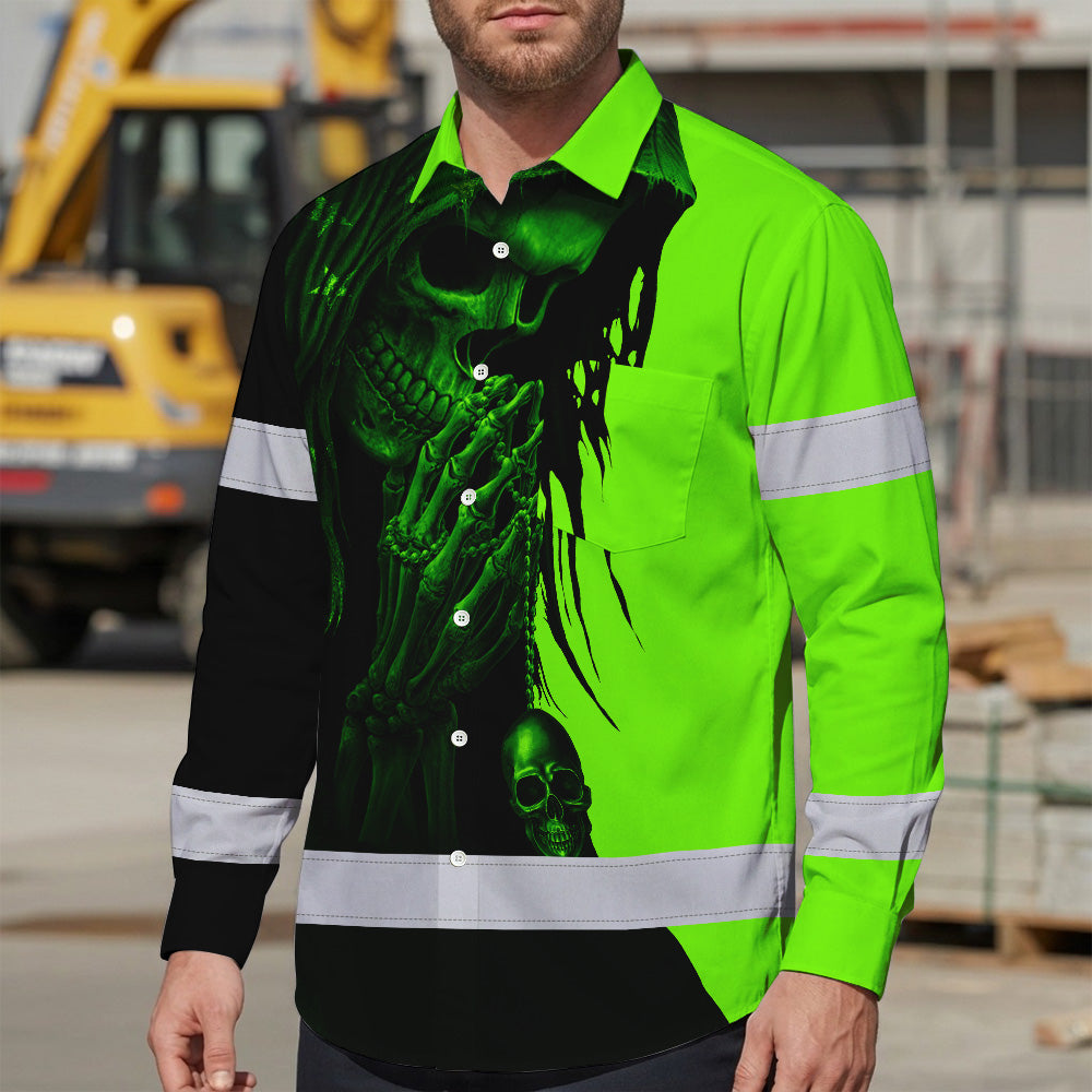 Hi Vis Hawaiian Long Sleeve Shirt Reflective Green And Black Skull Custom Name Safety Workwear For Skull Lover