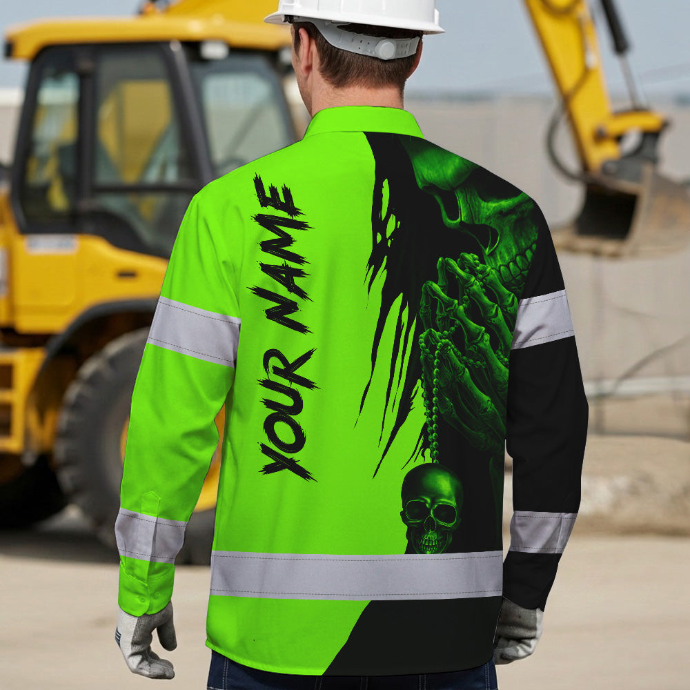 Hi Vis Hawaiian Long Sleeve Shirt Reflective Green And Black Skull Custom Name Safety Workwear For Skull Lover