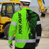 Hi Vis Hawaiian Long Sleeve Shirt Reflective Green And Black Skull Custom Name Safety Workwear For Skull Lover
