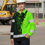 Hi Vis Hawaiian Long Sleeve Shirt Reflective Green And Black Skull Custom Name Safety Workwear For Skull Lover