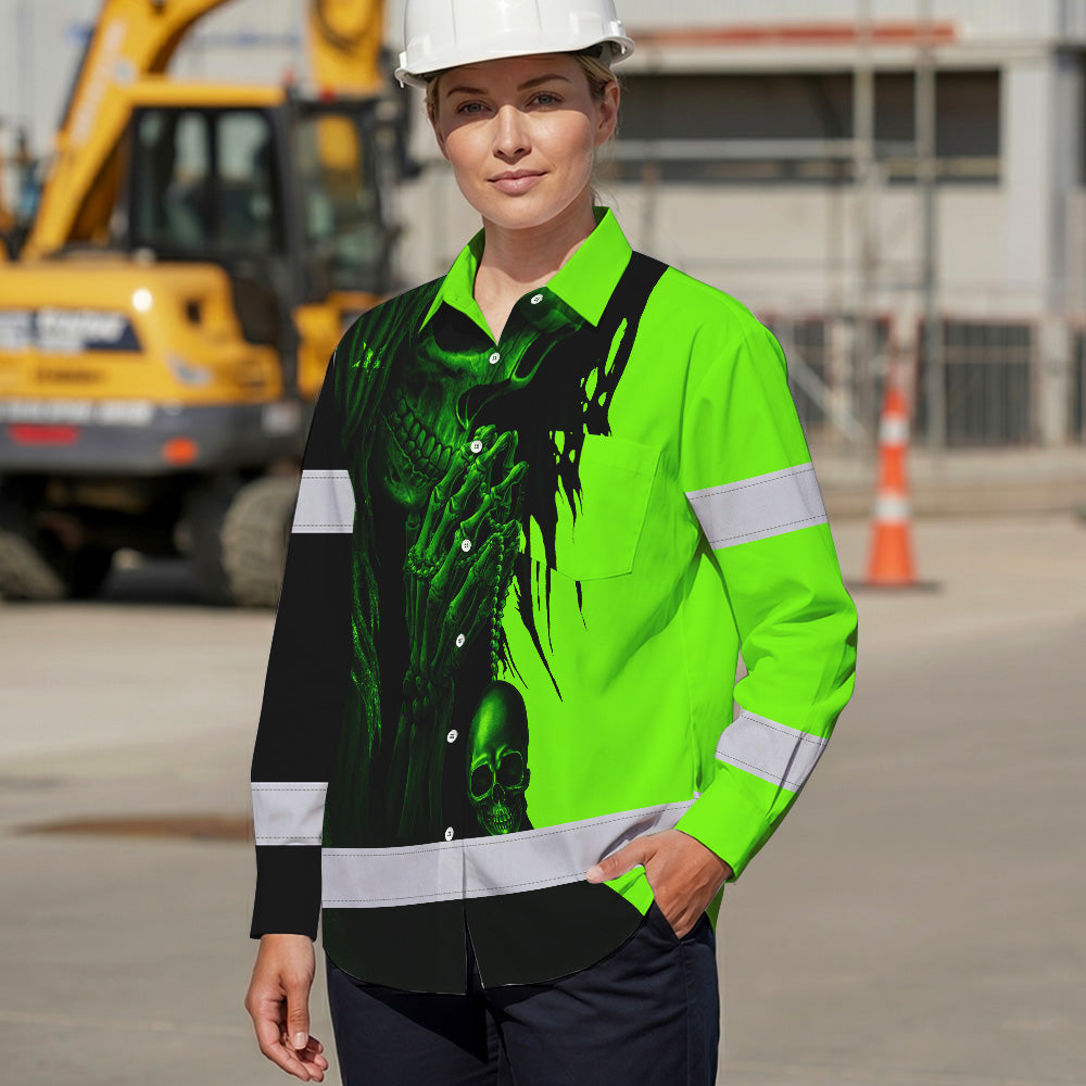 Hi Vis Hawaiian Long Sleeve Shirt Reflective Green And Black Skull Custom Name Safety Workwear For Skull Lover