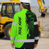 Hi Vis Hawaiian Long Sleeve Shirt Reflective Green And Black Skull Custom Name Safety Workwear For Skull Lover