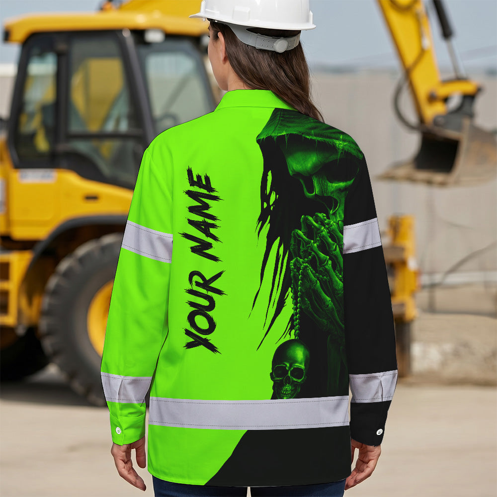 Hi Vis Hawaiian Long Sleeve Shirt Reflective Green And Black Skull Custom Name Safety Workwear For Skull Lover