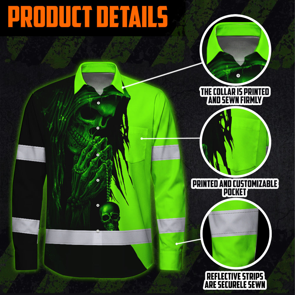 Hi Vis Hawaiian Long Sleeve Shirt Reflective Green And Black Skull Custom Name Safety Workwear For Skull Lover