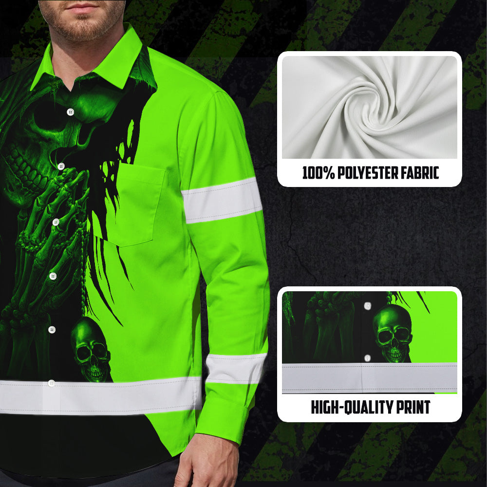 Hi Vis Hawaiian Long Sleeve Shirt Reflective Green And Black Skull Custom Name Safety Workwear For Skull Lover