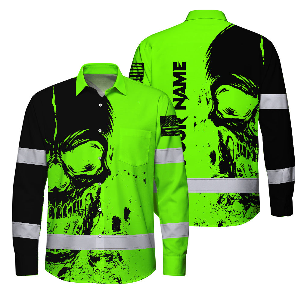 Hi Vis Hawaiian Long Sleeve Shirt Reflective Green Neon And Black Skull Custom Name Safety Workwear For Runners, Skull Lover