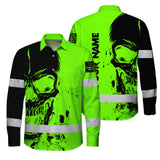 Hi Vis Hawaiian Long Sleeve Shirt Reflective Green Neon And Black Skull Custom Name Safety Workwear For Runners, Skull Lover