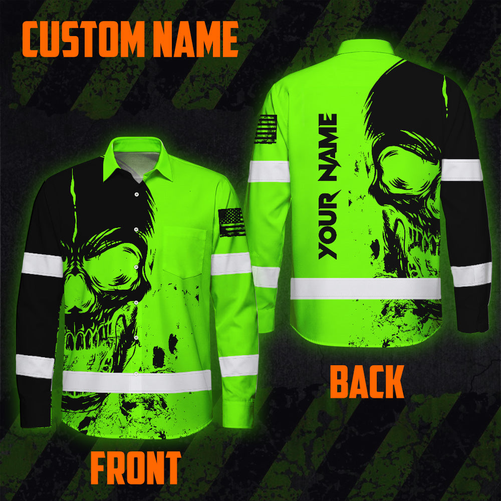 Hi Vis Hawaiian Long Sleeve Shirt Reflective Green Neon And Black Skull Custom Name Safety Workwear For Runners, Skull Lover