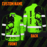 Hi Vis Hawaiian Long Sleeve Shirt Reflective Green Neon And Black Skull Custom Name Safety Workwear For Runners, Skull Lover