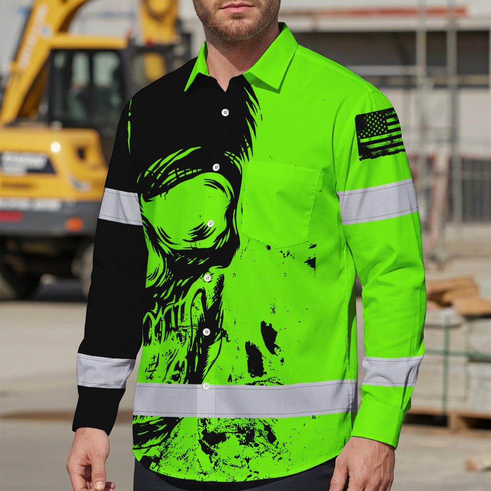 Hi Vis Hawaiian Long Sleeve Shirt Reflective Green Neon And Black Skull Custom Name Safety Workwear For Runners, Skull Lover