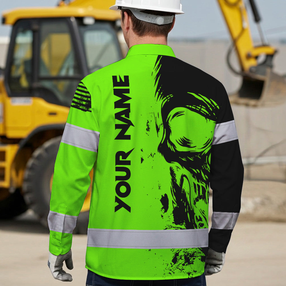 Hi Vis Hawaiian Long Sleeve Shirt Reflective Green Neon And Black Skull Custom Name Safety Workwear For Runners, Skull Lover