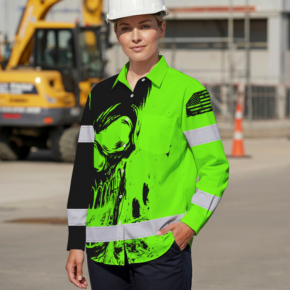 Hi Vis Hawaiian Long Sleeve Shirt Reflective Green Neon And Black Skull Custom Name Safety Workwear For Runners, Skull Lover
