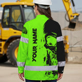 Hi Vis Hawaiian Long Sleeve Shirt Reflective Green Neon And Black Skull Custom Name Safety Workwear For Runners, Skull Lover