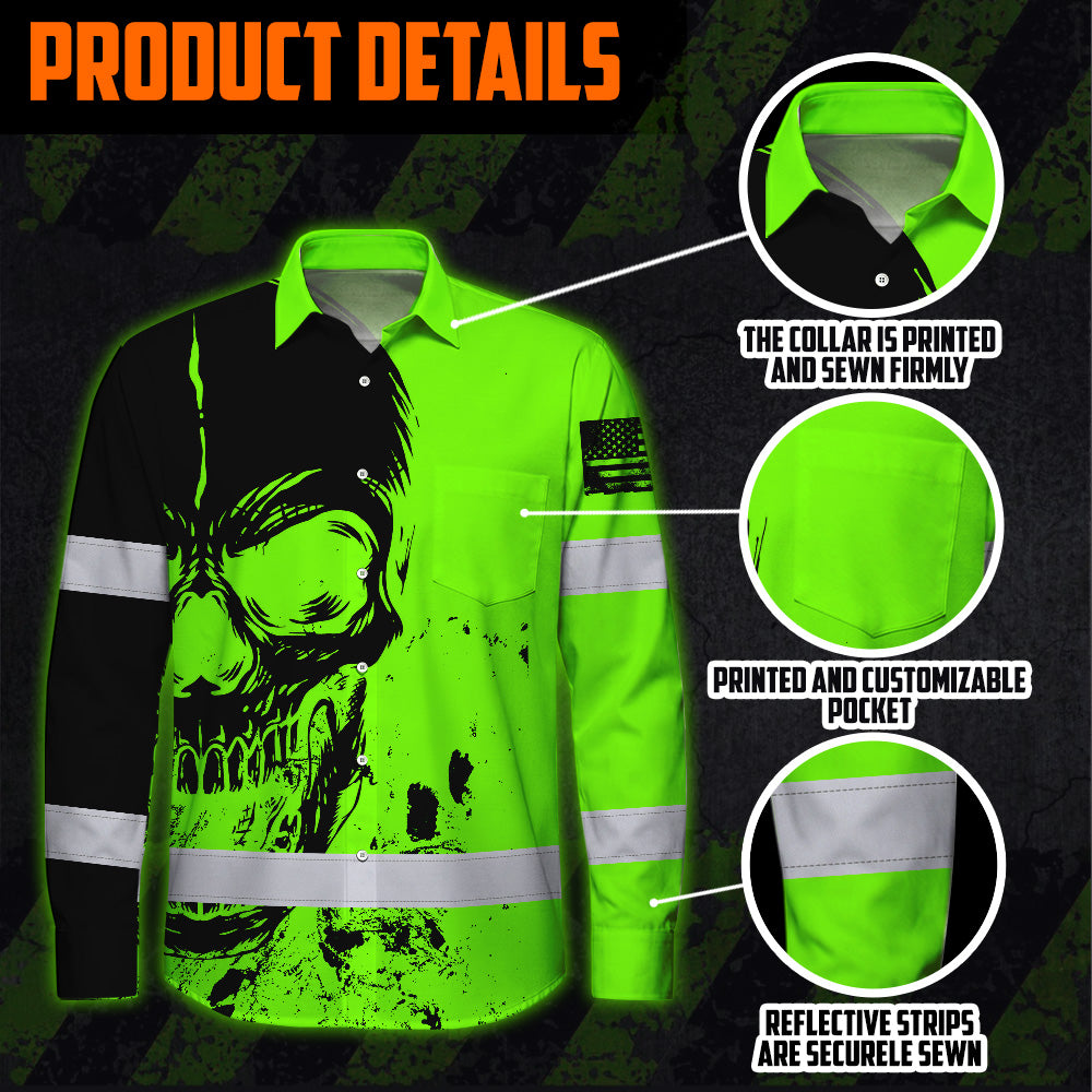 Hi Vis Hawaiian Long Sleeve Shirt Reflective Green Neon And Black Skull Custom Name Safety Workwear For Runners, Skull Lover
