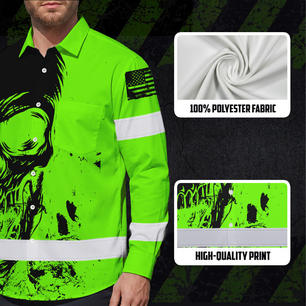 Hi Vis Hawaiian Long Sleeve Shirt Reflective Green Neon And Black Skull Custom Name Safety Workwear For Runners, Skull Lover