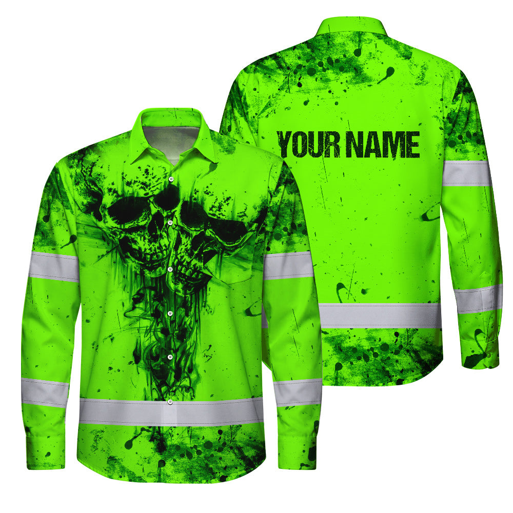 Hi Vis Hawaiian Long Sleeve Shirt Reflective Green Neon Vintage Skull Custom Name Safety Workwear For Runners, Skull Lover