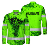 Hi Vis Hawaiian Long Sleeve Shirt Reflective Green Neon Vintage Skull Custom Name Safety Workwear For Runners, Skull Lover