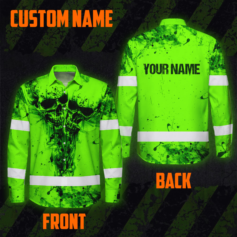 Hi Vis Hawaiian Long Sleeve Shirt Reflective Green Neon Vintage Skull Custom Name Safety Workwear For Runners, Skull Lover
