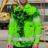 Hi Vis Hawaiian Long Sleeve Shirt Reflective Green Neon Vintage Skull Custom Name Safety Workwear For Runners, Skull Lover