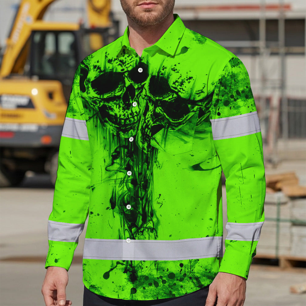 Hi Vis Hawaiian Long Sleeve Shirt Reflective Green Neon Vintage Skull Custom Name Safety Workwear For Runners, Skull Lover