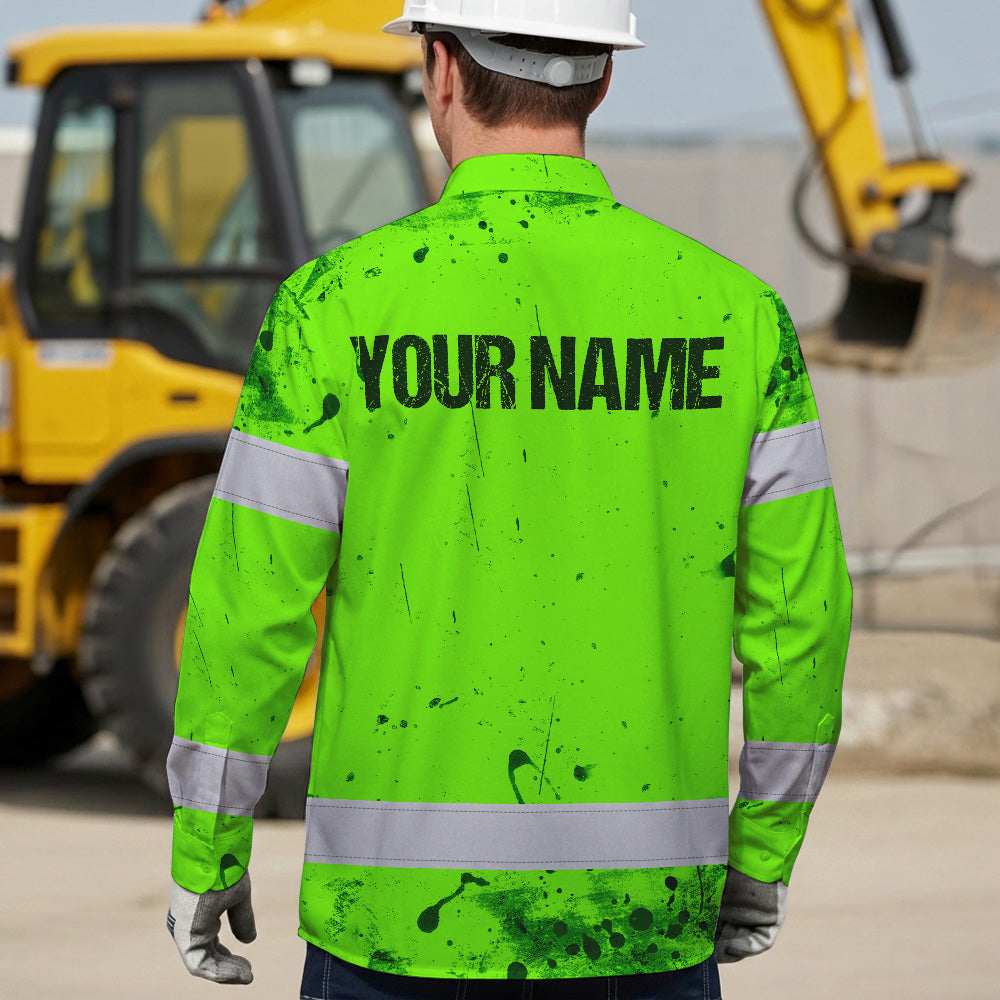Hi Vis Hawaiian Long Sleeve Shirt Reflective Green Neon Vintage Skull Custom Name Safety Workwear For Runners, Skull Lover