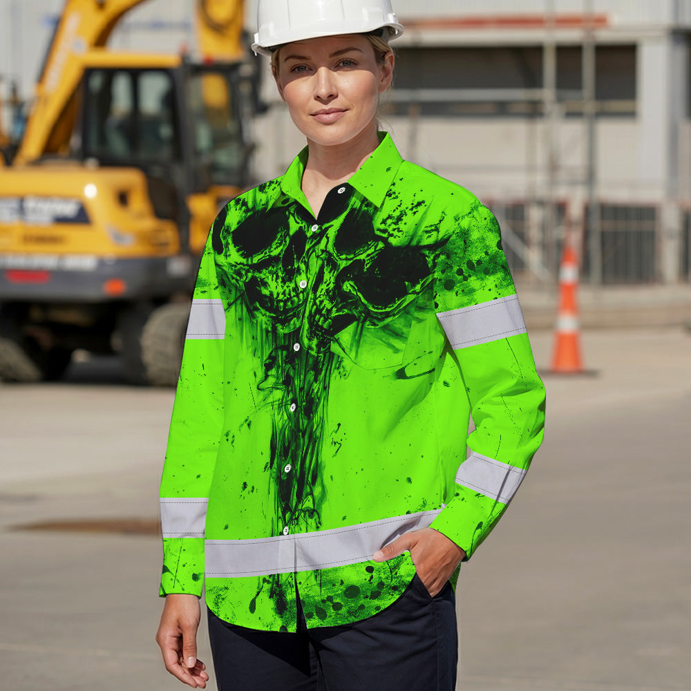 Hi Vis Hawaiian Long Sleeve Shirt Reflective Green Neon Vintage Skull Custom Name Safety Workwear For Runners, Skull Lover
