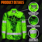 Hi Vis Hawaiian Long Sleeve Shirt Reflective Green Neon Vintage Skull Custom Name Safety Workwear For Runners, Skull Lover