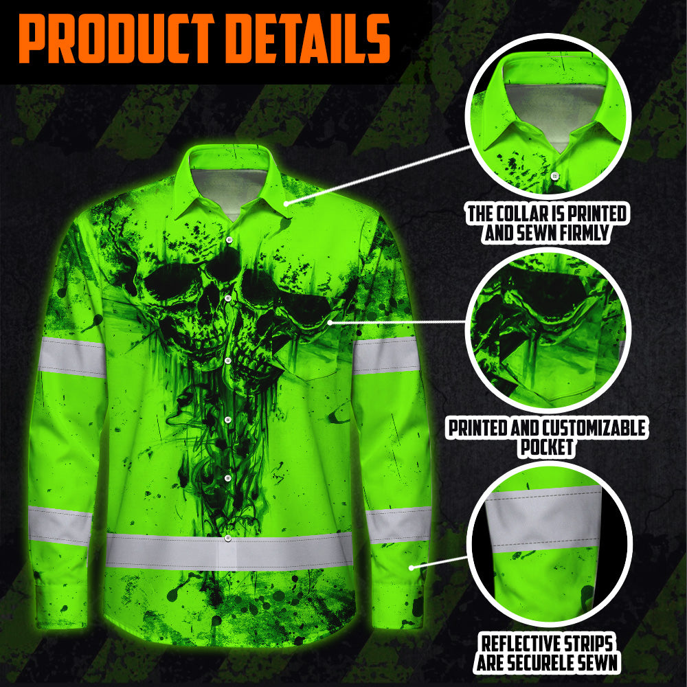 Hi Vis Hawaiian Long Sleeve Shirt Reflective Green Neon Vintage Skull Custom Name Safety Workwear For Runners, Skull Lover