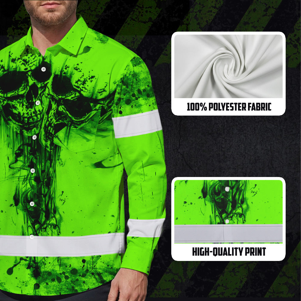 Hi Vis Hawaiian Long Sleeve Shirt Reflective Green Neon Vintage Skull Custom Name Safety Workwear For Runners, Skull Lover