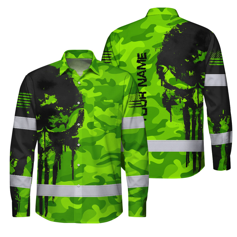 Hi Vis Hawaiian Long Sleeve Shirt Reflective Camo And Skull Custom Name Safety Workwear For Runners, Cyclists, Skull Lover