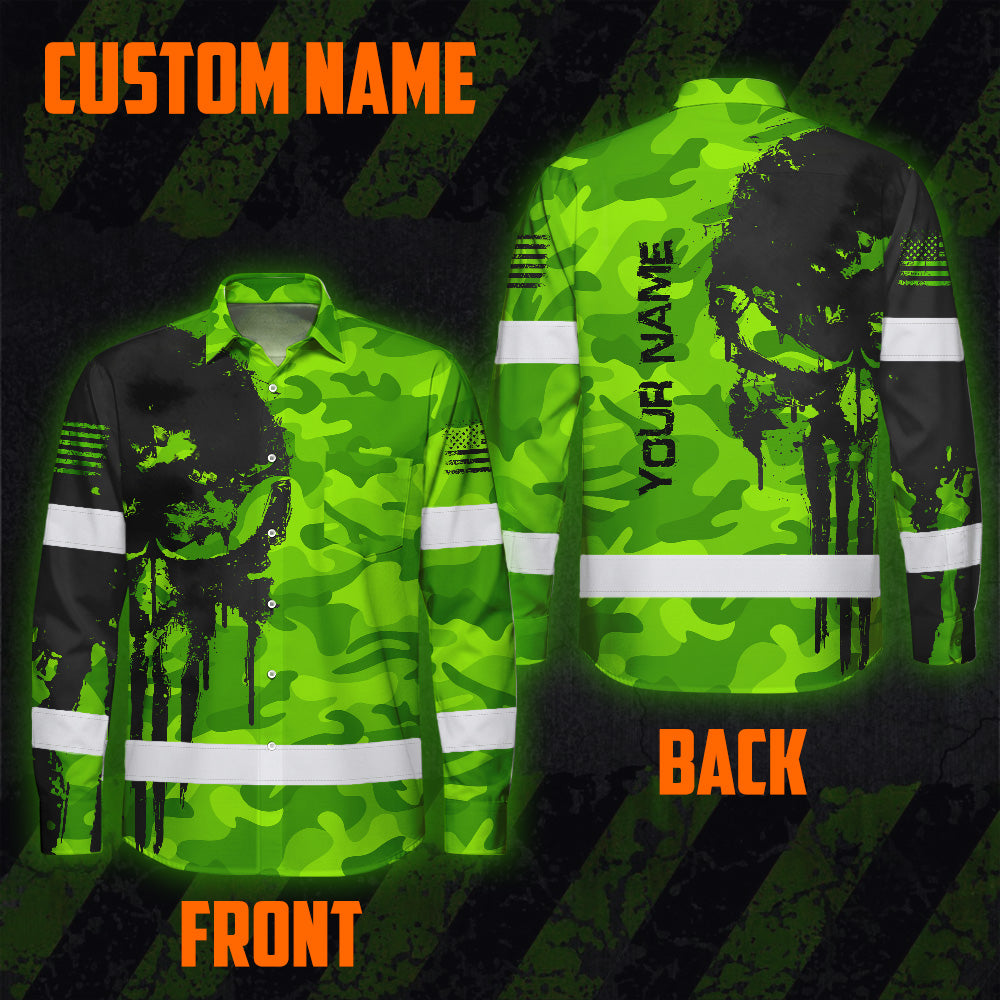 Hi Vis Hawaiian Long Sleeve Shirt Reflective Camo And Skull Custom Name Safety Workwear For Runners, Cyclists, Skull Lover