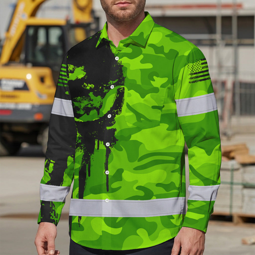 Hi Vis Hawaiian Long Sleeve Shirt Reflective Camo And Skull Custom Name Safety Workwear For Runners, Cyclists, Skull Lover