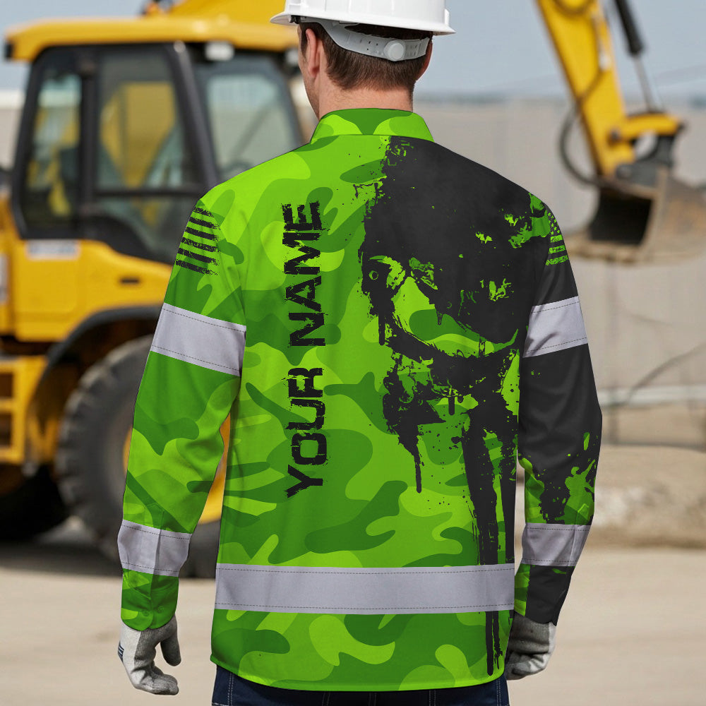 Hi Vis Hawaiian Long Sleeve Shirt Reflective Camo And Skull Custom Name Safety Workwear For Runners, Cyclists, Skull Lover