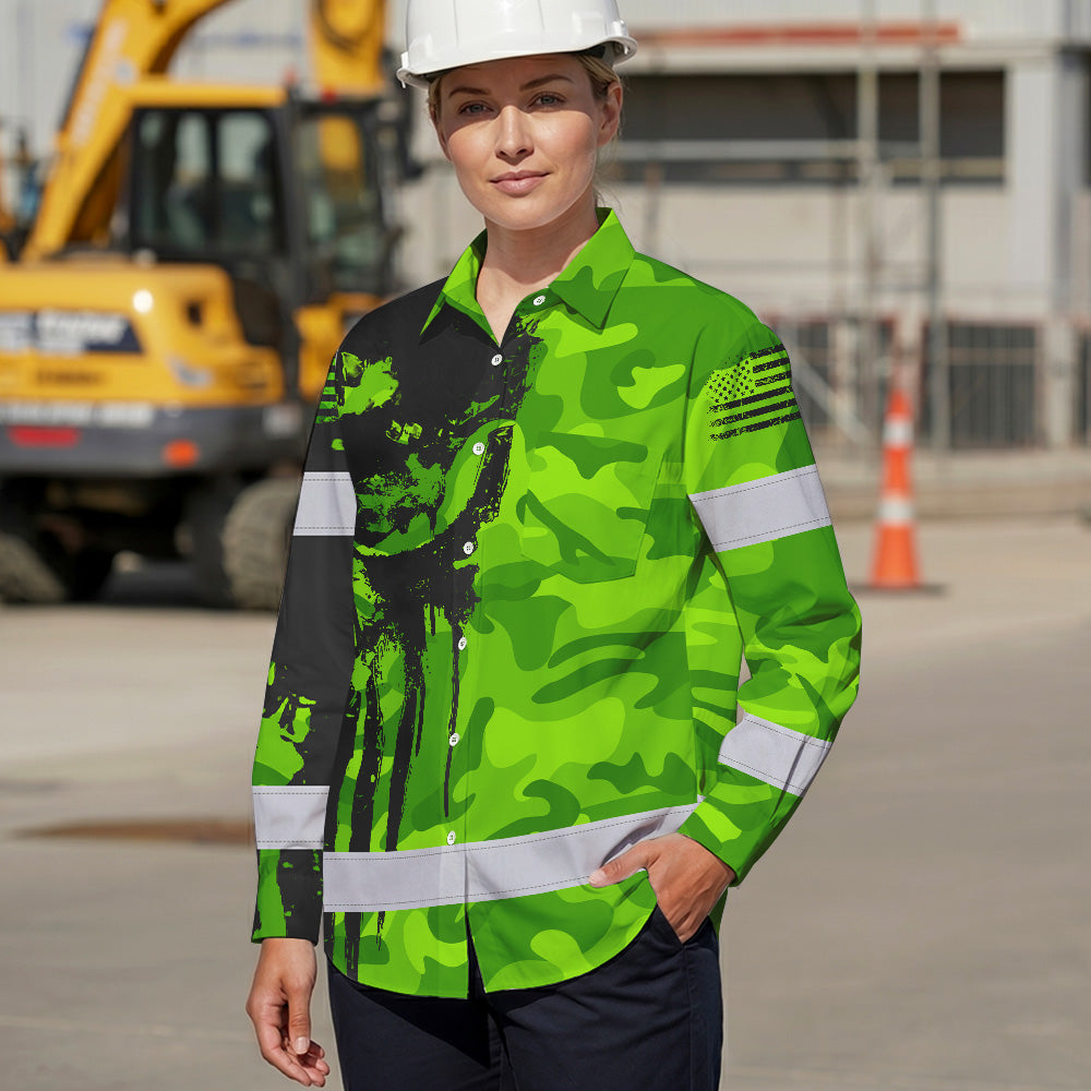 Hi Vis Hawaiian Long Sleeve Shirt Reflective Camo And Skull Custom Name Safety Workwear For Runners, Cyclists, Skull Lover