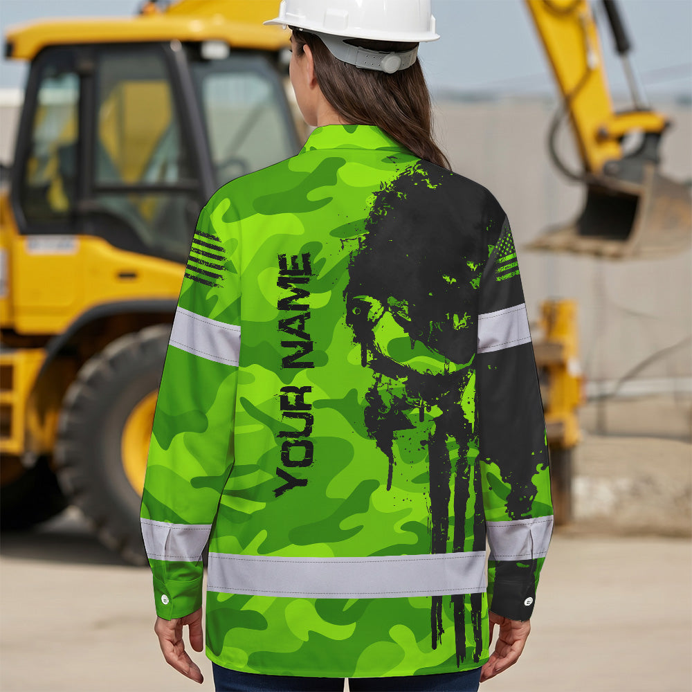 Hi Vis Hawaiian Long Sleeve Shirt Reflective Camo And Skull Custom Name Safety Workwear For Runners, Cyclists, Skull Lover