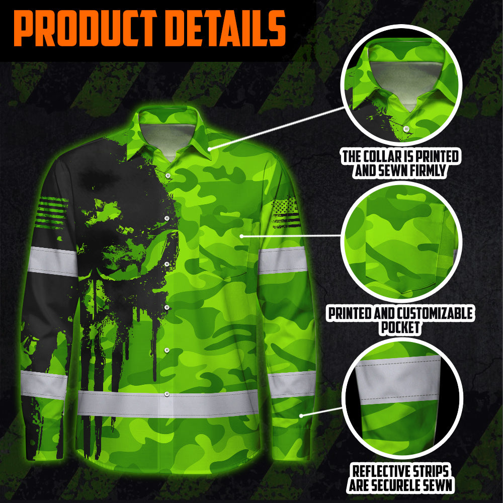 Hi Vis Hawaiian Long Sleeve Shirt Reflective Camo And Skull Custom Name Safety Workwear For Runners, Cyclists, Skull Lover