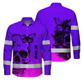 Violet Neon Skull With Butterfly Hi Vis Hawaiian Long Sleeve Shirt - Personalized for Safety Workwear