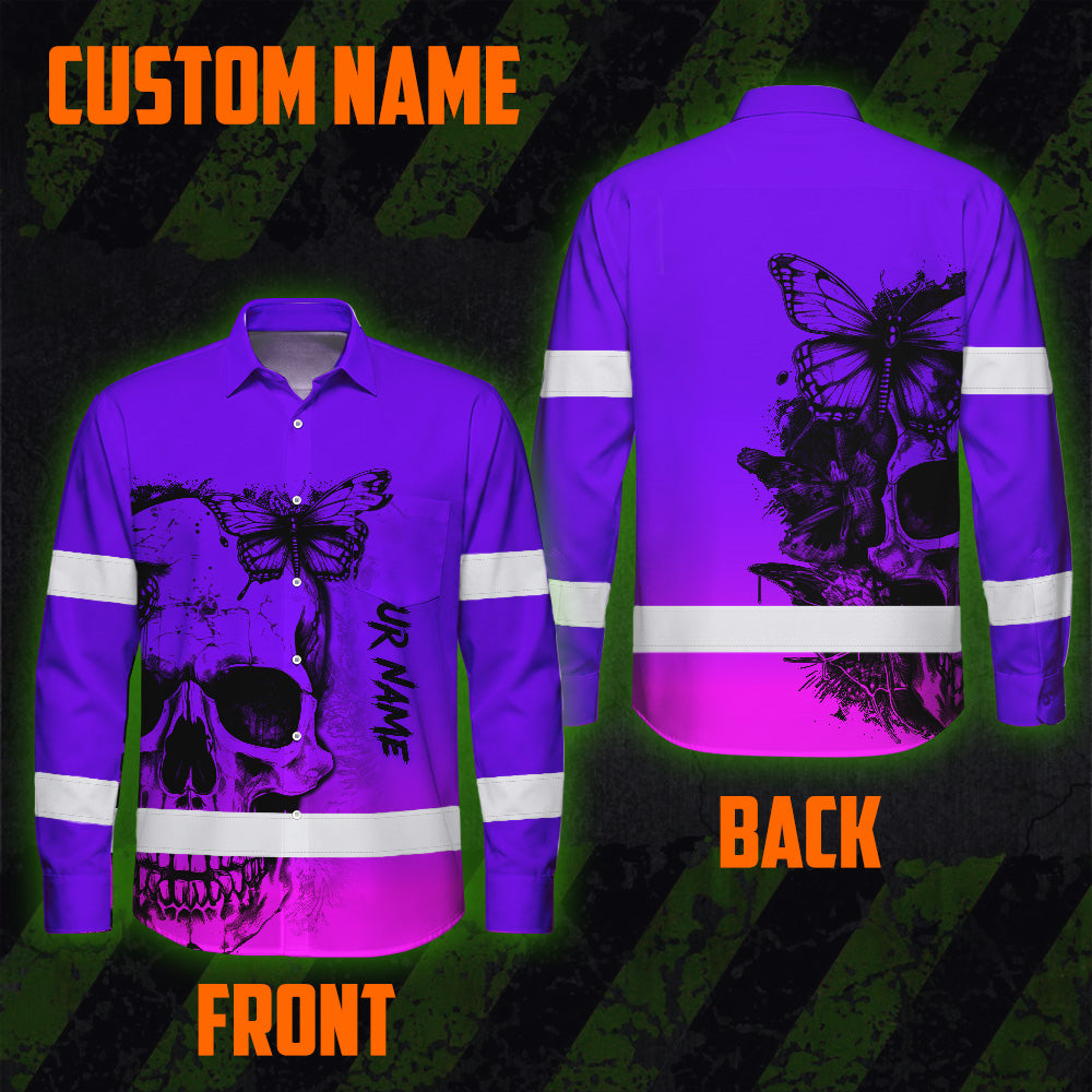 Violet Neon Skull With Butterfly Hi Vis Hawaiian Long Sleeve Shirt - Personalized for Safety Workwear