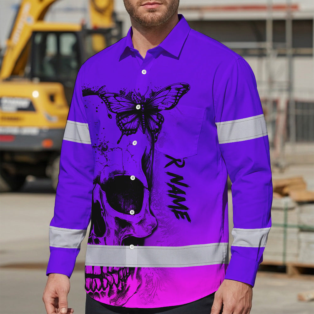 Violet Neon Skull With Butterfly Hi Vis Hawaiian Long Sleeve Shirt - Personalized for Safety Workwear