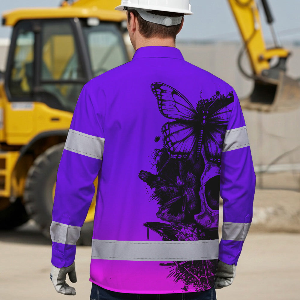 Violet Neon Skull With Butterfly Hi Vis Hawaiian Long Sleeve Shirt - Personalized for Safety Workwear