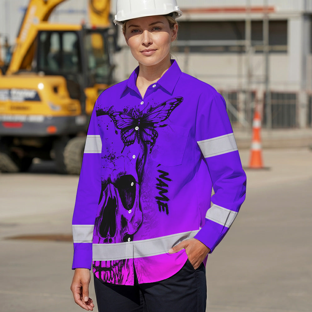 Violet Neon Skull With Butterfly Hi Vis Hawaiian Long Sleeve Shirt - Personalized for Safety Workwear