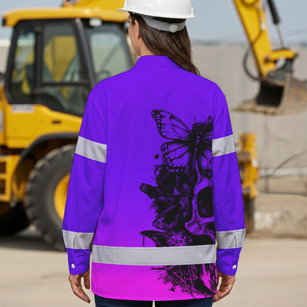 Violet Neon Skull With Butterfly Hi Vis Hawaiian Long Sleeve Shirt - Personalized for Safety Workwear
