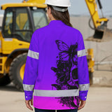 Violet Neon Skull With Butterfly Hi Vis Hawaiian Long Sleeve Shirt - Personalized for Safety Workwear