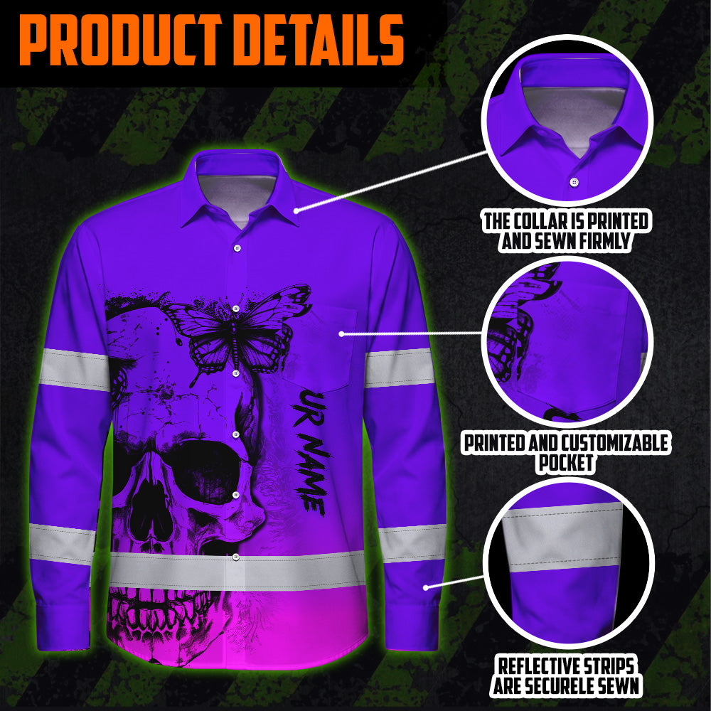 Violet Neon Skull With Butterfly Hi Vis Hawaiian Long Sleeve Shirt - Personalized for Safety Workwear
