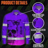 Violet Neon Skull With Butterfly Hi Vis Hawaiian Long Sleeve Shirt - Personalized for Safety Workwear