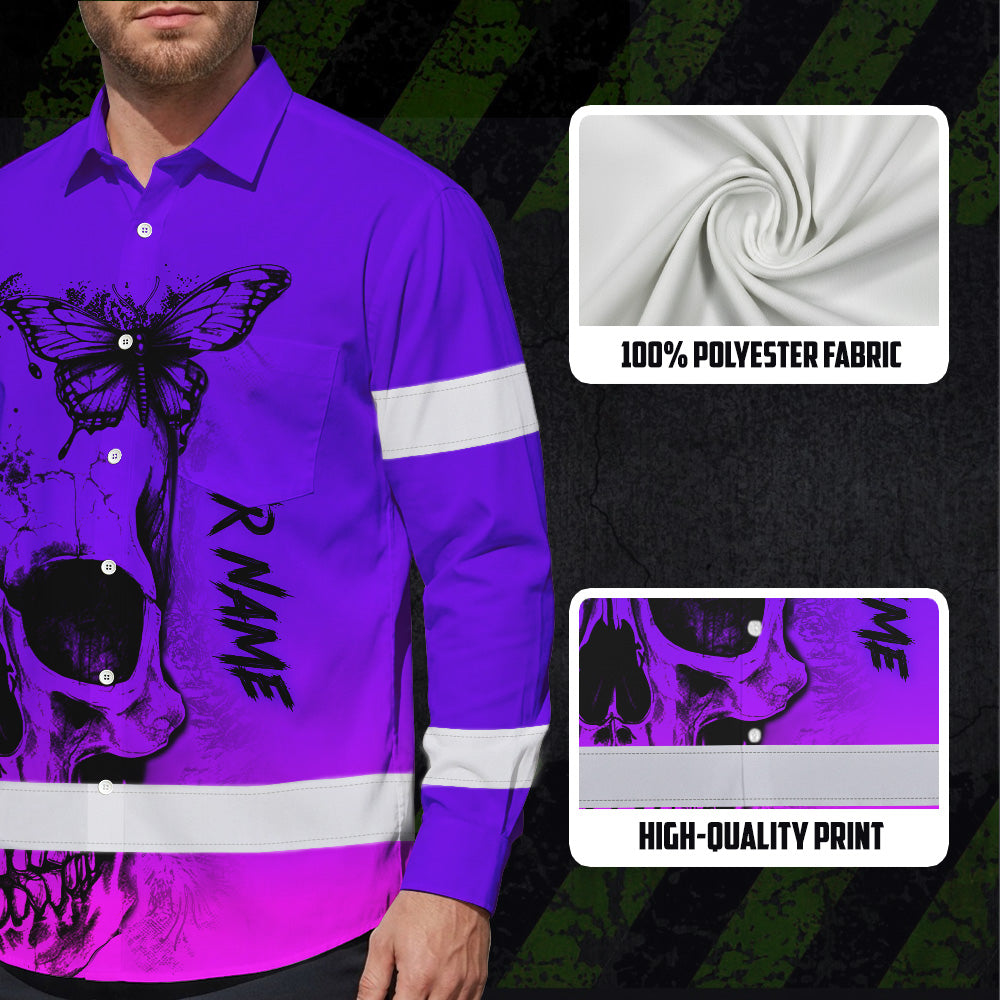 Violet Neon Skull With Butterfly Hi Vis Hawaiian Long Sleeve Shirt - Personalized for Safety Workwear
