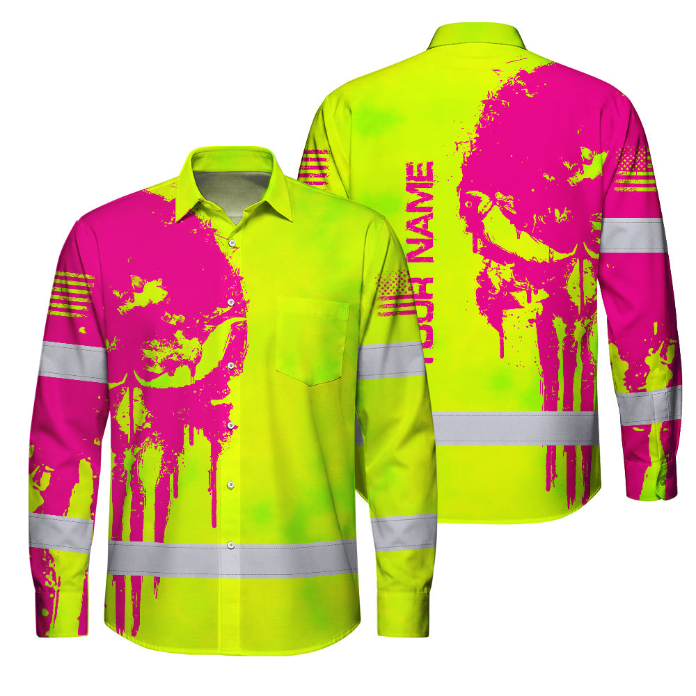 Hi Vis Hawaiian Long Sleeve Shirt Reflective Green And Orange Skull Custom Name Safety Workwear For Runners, Cyclists, Skull Lover